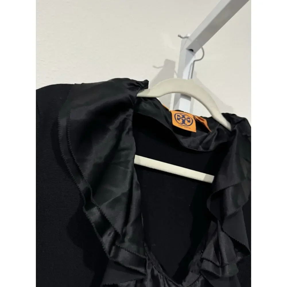 Tory Burch Black V-Neck Sweater with Removable Silk Collar and Cuffs Size L